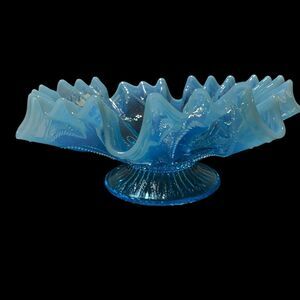 Nothwood Opalescent Blue Antique Glass Roulette Bowl 1906 Crimped Ruffled Edge